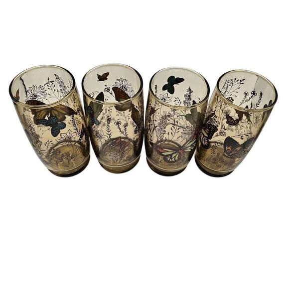 Vintage Anchor Hocking Smoke Brown Garden Butterfly Drinking Glasses Set Of 4 - Picture 2 of 9